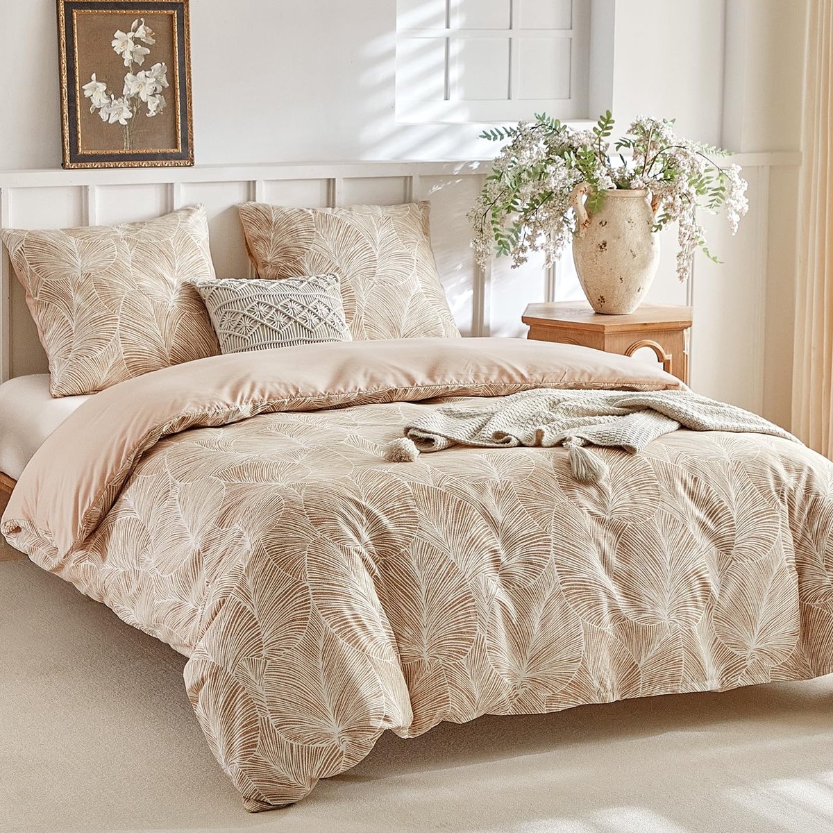 Elzusha - Bedlinnen Set 240x220 cm met 2 Kussenslopen - Tropisch Bladeren Motief Khaki