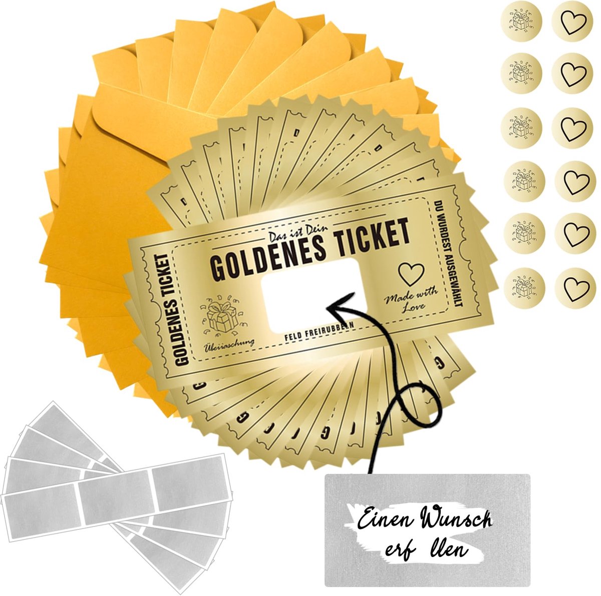 Elzusha - 12 Stuks Gouden Ticket Cadeaubonnen met Kraskaarten - Perfect voor Verjaardagen
