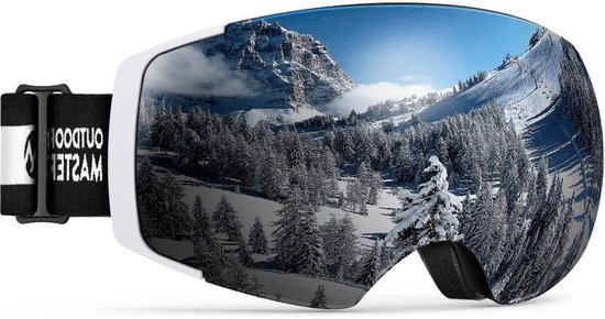 Skibril Pro - Frameloze bril - Wintersport - Verwisselbaar lenssysteem - 21 x 9.5 cm - Wit frame zilveren lens