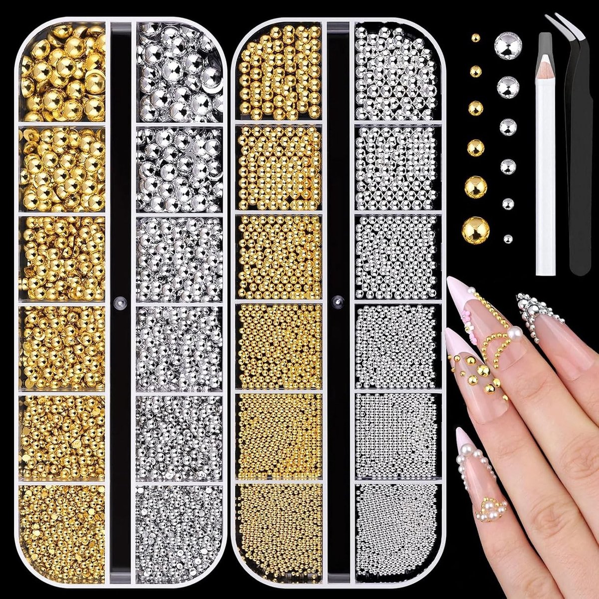 Flatback Parels en Metalen Nagel Kralen voor Nagelkunst, Parels en Caviar Kralen voor Acryl Nagels en Manicure Decoratie (Zilver, Goud)