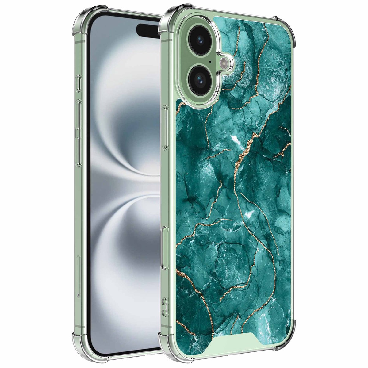 Smartphonica Geschikt voor iPhone 16 Plus Telefoonhoesje met Groen Goud Marmer opdruk - Draadloos op te laden - Shockproof Siliconen TPU Strong Case - Sterk Schokbestendig Telefoonhoesje geschikt voor iPhone 16 Plus
