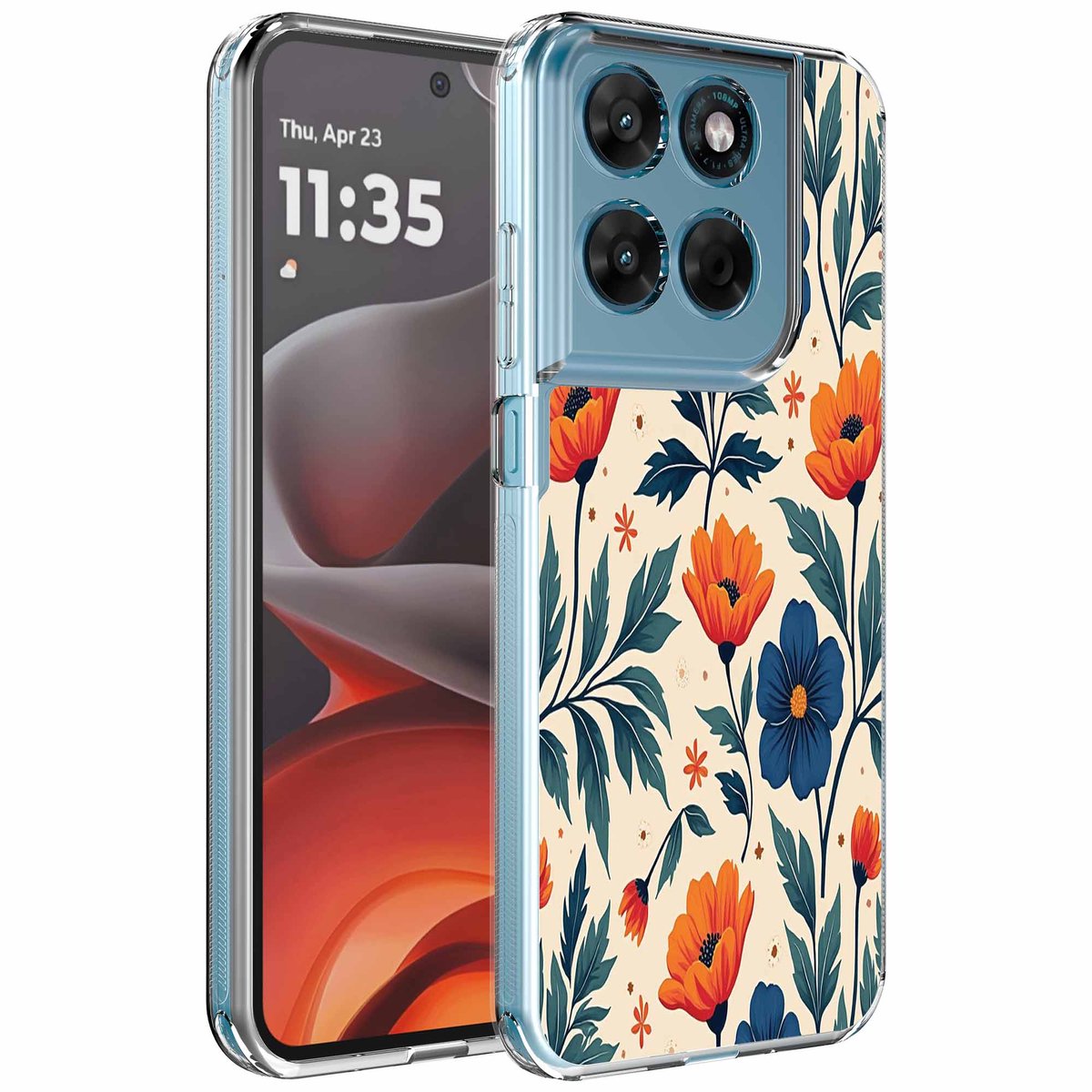 Smartphonica Geschikt voor Motorola Moto G15 Telefoonhoesje met Rode en Blauwe Bloemen opdruk - Draadloos op te laden - Shockproof Siliconen TPU Strong Case - Sterk Schokbestendig Telefoonhoesje geschikt voor Motorola Moto G15