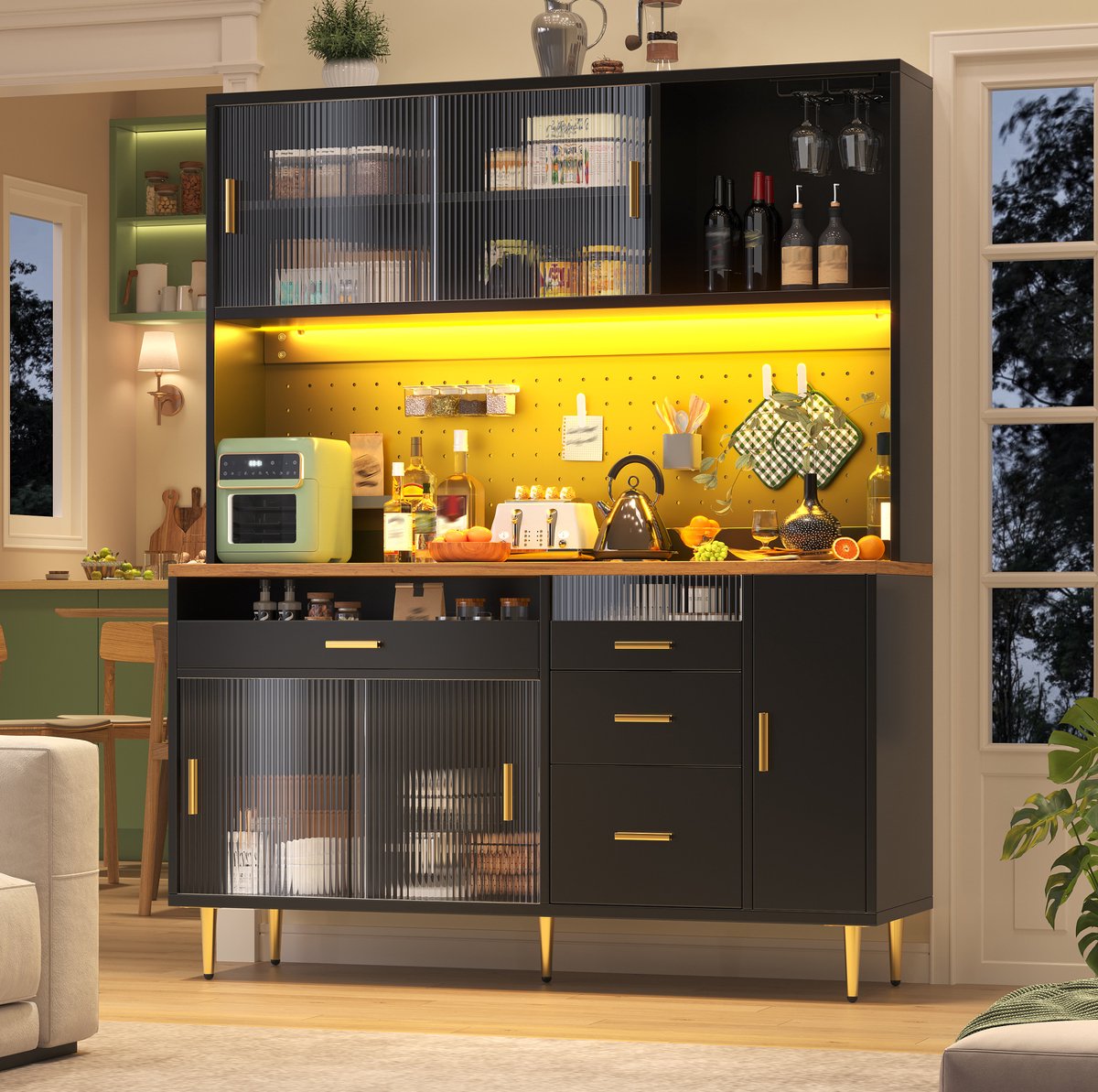 COVREO Buffetkast 145x39x171 cm zwart, MDF met metaal en glas, met LED