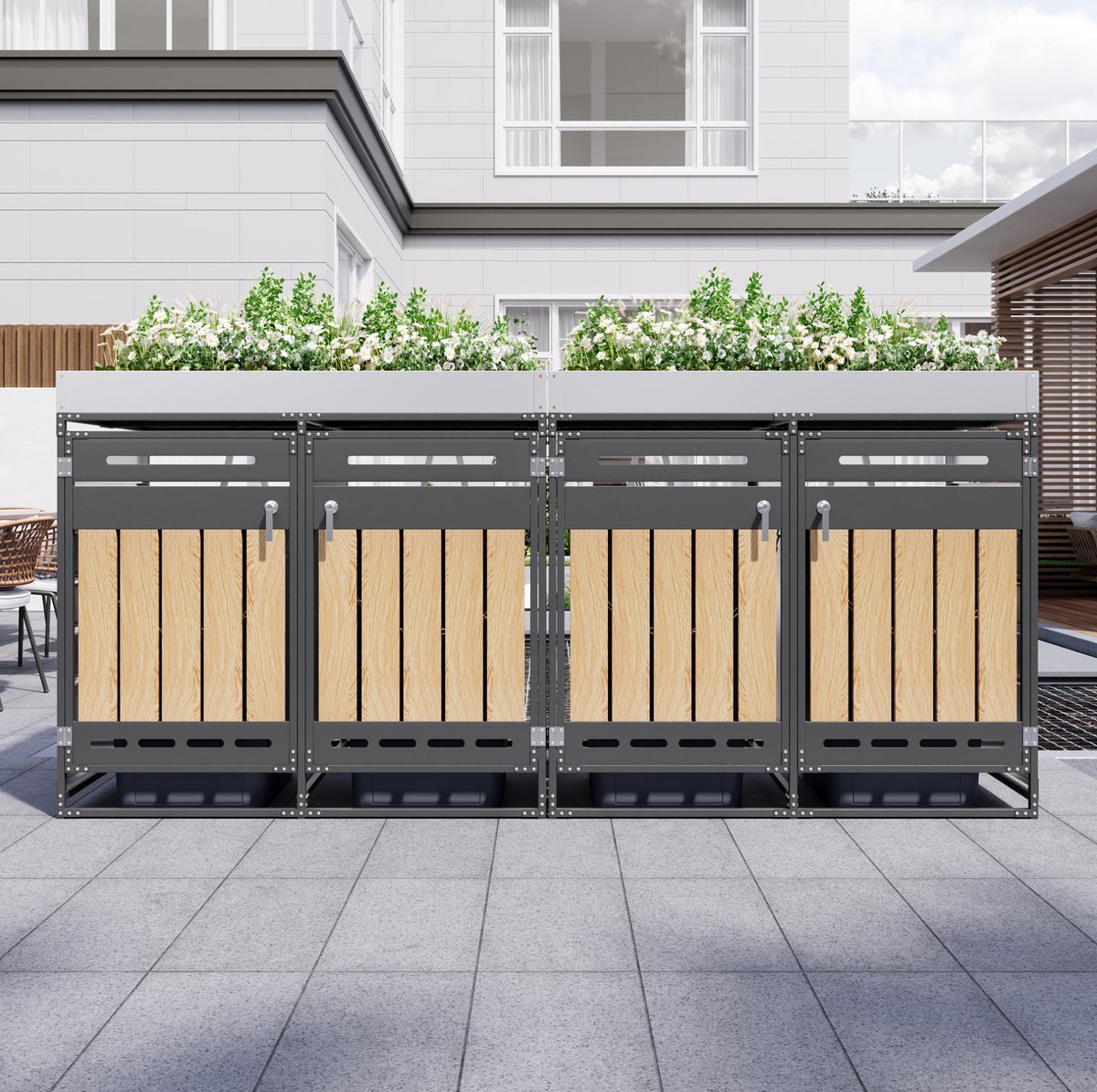 OKWISH Containerberging 4-Vaks Afvalbakberging Met Plantenbak Geventileerd Afsluitbaar Weerbestendig Voor Tuin En Buitenruimte Metaal Zwart