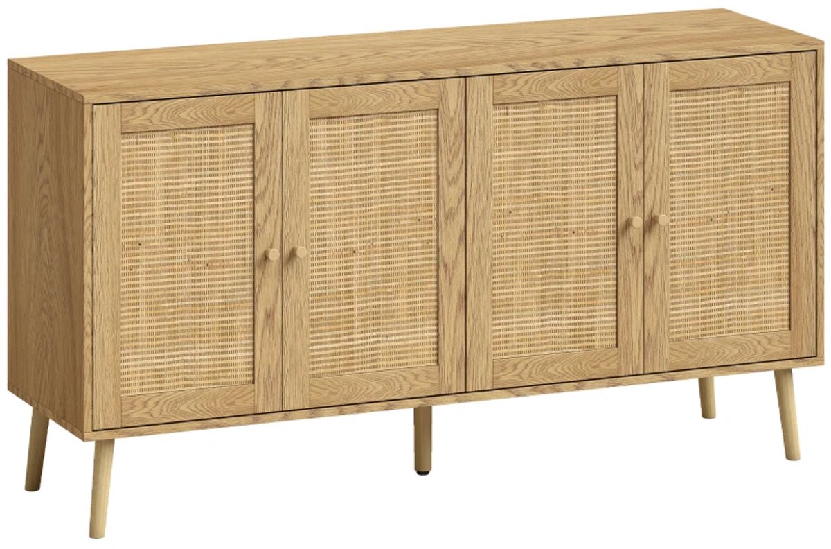 Dressoir - Rotan Kast Met 4 Deuren - Boho Keukenbuffet Met 2 Verstelbare Planken - Natuurlijke Houtlook