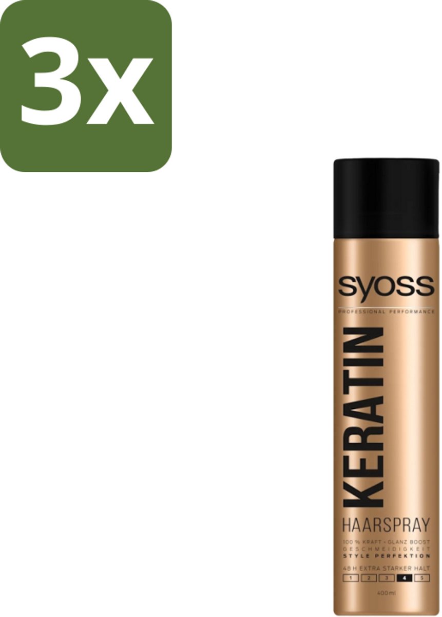 3 x Syoss – Haarspray – Keratin Hold 4 – 400 ml - Haarspray Keratine - Keratine Hold - Haarspray Level 4 - Haarspray Voor Langdurige Styling - Haarspray Met Keratine