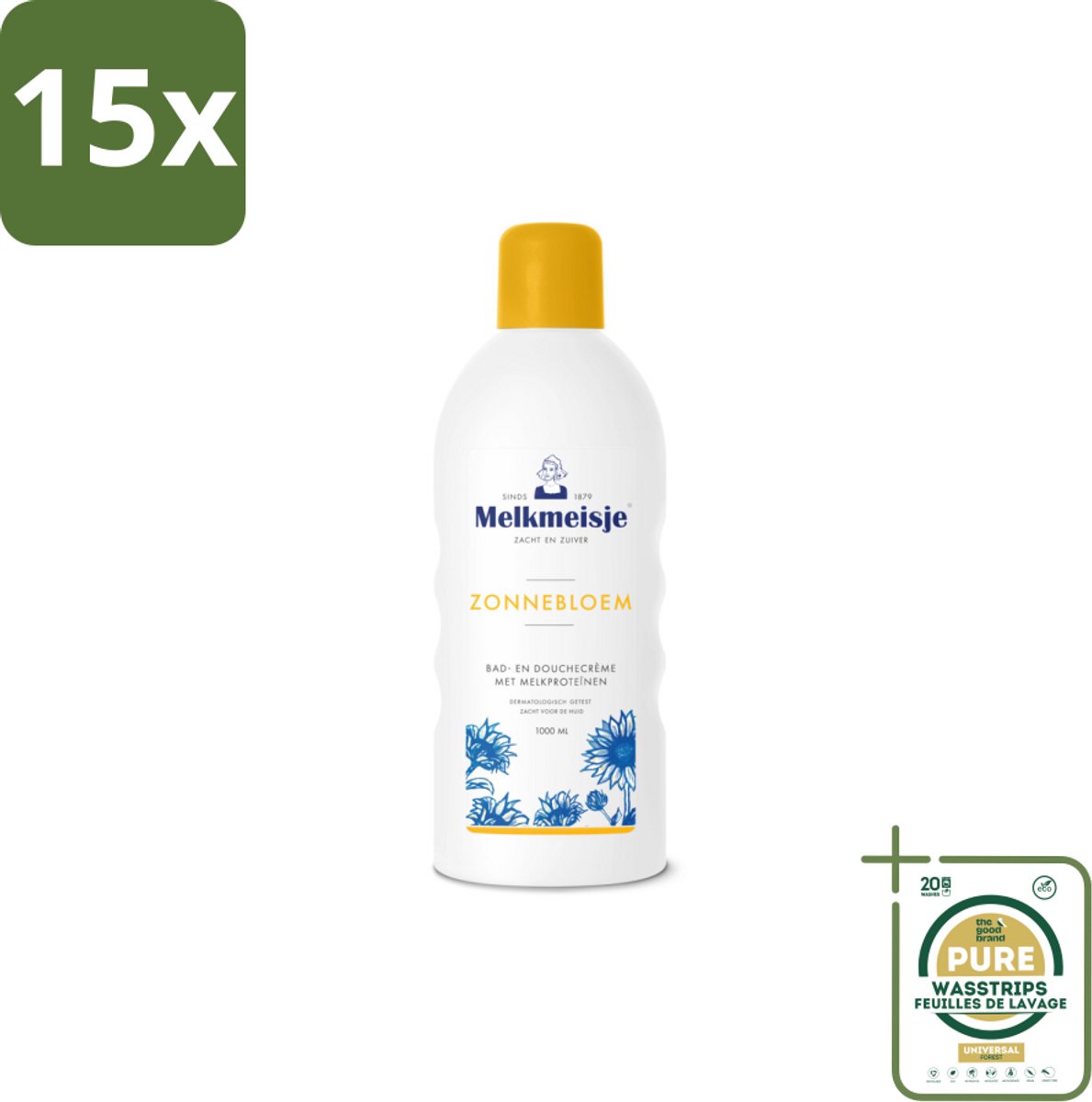 15 x Melkmeisje Bad en Douche Crème Zonnebloem en Melk 1000 ml - Grootverpakking - Douchecrème - Melkmeisje - Bad En Douche - Melkcrème - Zonnebloem Crème