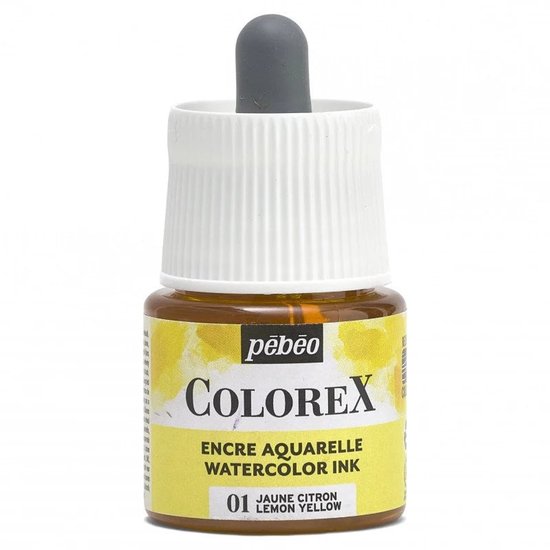 Encre aquarelle Pebeo Colorex, 01 Jaune Citron, dans un flacon brun avec compte-gouttes.