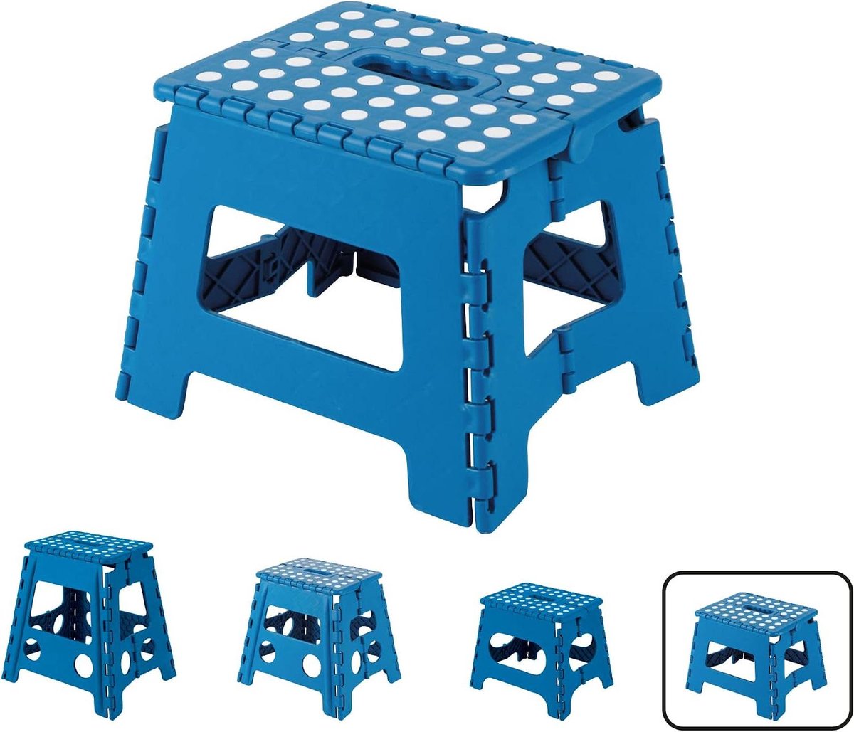 Opvouwbaar Krukje - Klapstoel Keuken - Hoge Planken Bereiken - Antislip Rubber Dots - 22cm Hoog - Blauw
