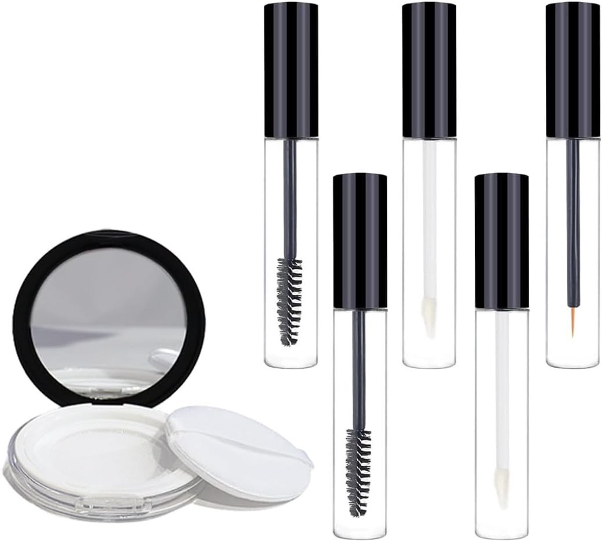 Set van 6 Herbruikbare Makeup Tubes met Mascara, Lipgloss en Oogpotlood - Reis Makeup Set met Spiegeltje, 10 ml, Zwart