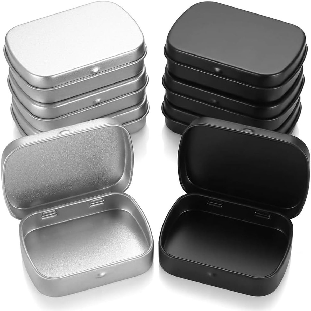 Set van 8 metalen opbergdozen met deksel, klein formaat 60 x 48 x 15 mm, ideaal voor snoep, knutselen en geocaching, 4 zwarte en 4 zilveren dozen