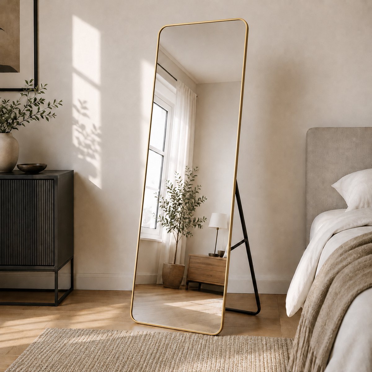 Lumoire Passpiegel Goud 160x50 cm – Staande Spiegel met Standaard – Wandspiegel – Afgeronde Hoeken