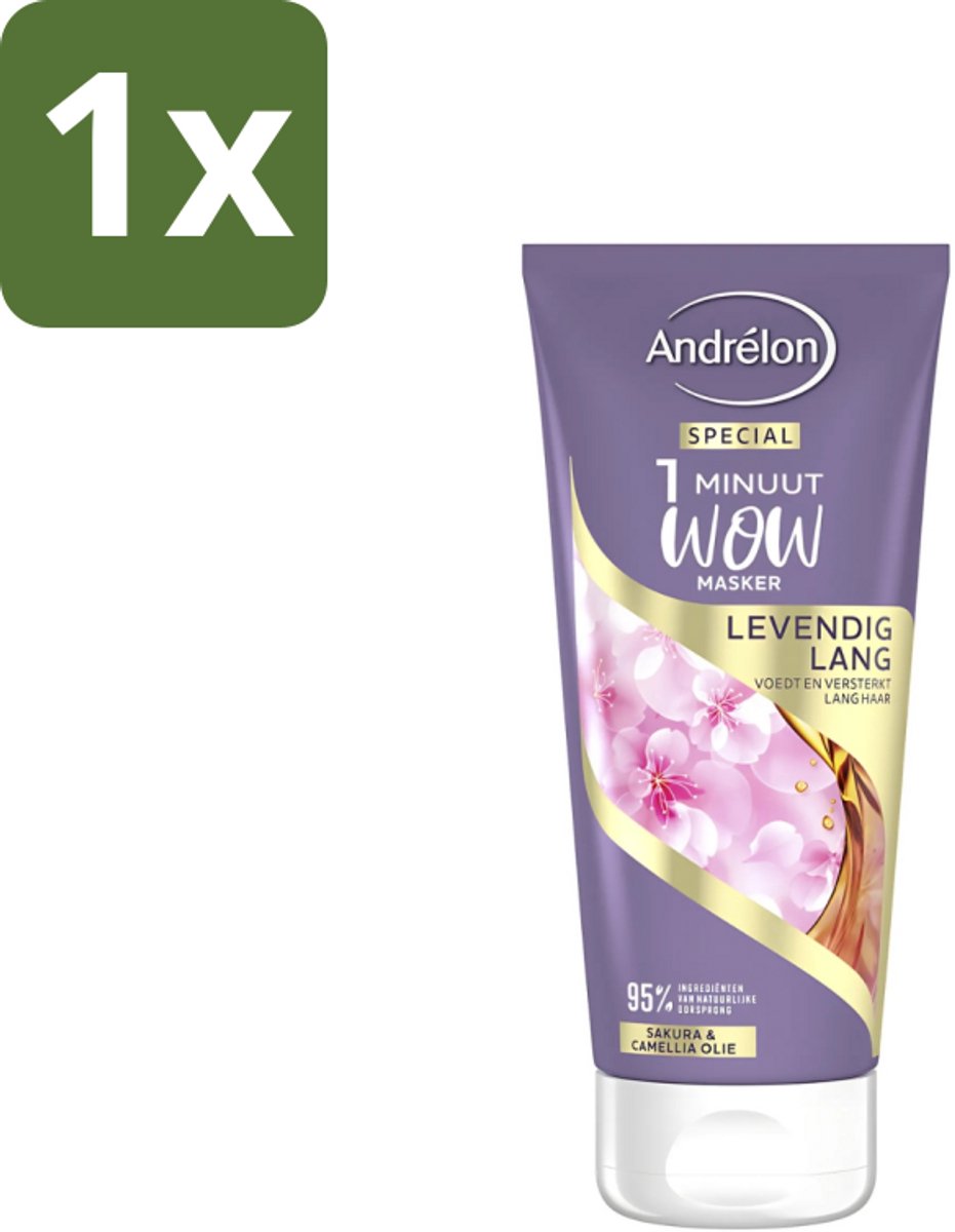 1 x Andrélon - 1 Minuut Wow Haarmasker - Levendig Lang - 180 ml - 1 Minuut Masker - Haarmasker Lang Haar - Sakura En Camellia-olie - Haarmasker Voor Lang Haar - Haarmasker 1 Minuut