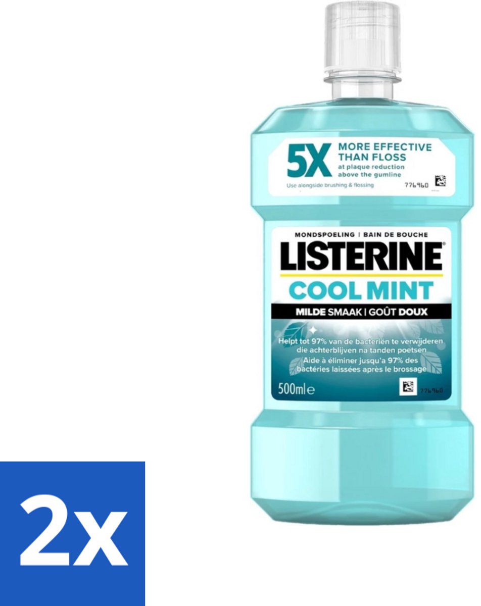 2 x Listerine - Mondwater - Cool Mint - Milde Smaak - 500 ml - Mondspoeling - Mondwater - Tandplak - Tandvlees - Mondhygiëne