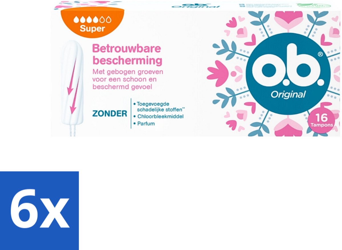 6 x o.b. Tampons - Original Super - Gebogen Groeven - Voor Betrouwbare Bescherming - 16 Tampons - Tampons - Menstruatiebescherming - Gebogen Groeven - StayDry - Plantaardige Kern