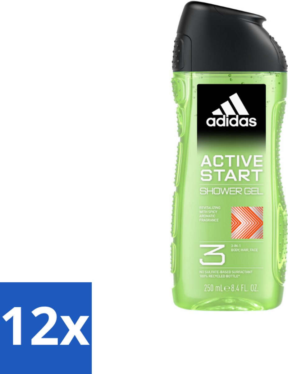 12 x Adidas Shower Gel Active Start 250 ml - Douchegel - 3-in-1 - Lichaam - Gezicht - Haar