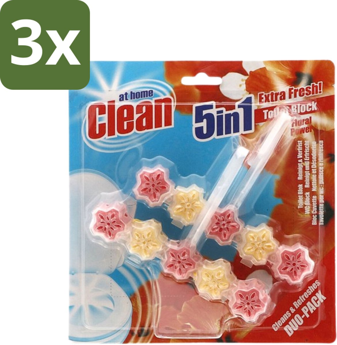 3 x At Home - Clean - Toiletblok - 5in1 Active - Floral Power - Neutraliseert & Reinigt - 2 Blokken - Toiletblok - Toilet Reinigen - Toilet Geur - Toilet Reinigingsmiddel - Bloemige Geur