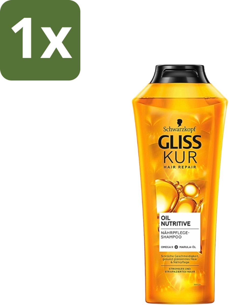 1 x Gliss-Kur - Shampoo - Oil Nutritive - Voedende Shampoo - Voor Stroef & Gespannen Haar - 400 ml - Stroef Haar - Gespannen Haar - Voedend Shampoo - Hydraterend Shampoo - Abrikozenpitolie