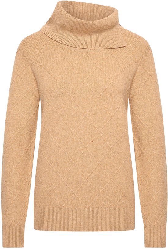 Beige coltrui met ruitpatroon en omgeslagen kraag.