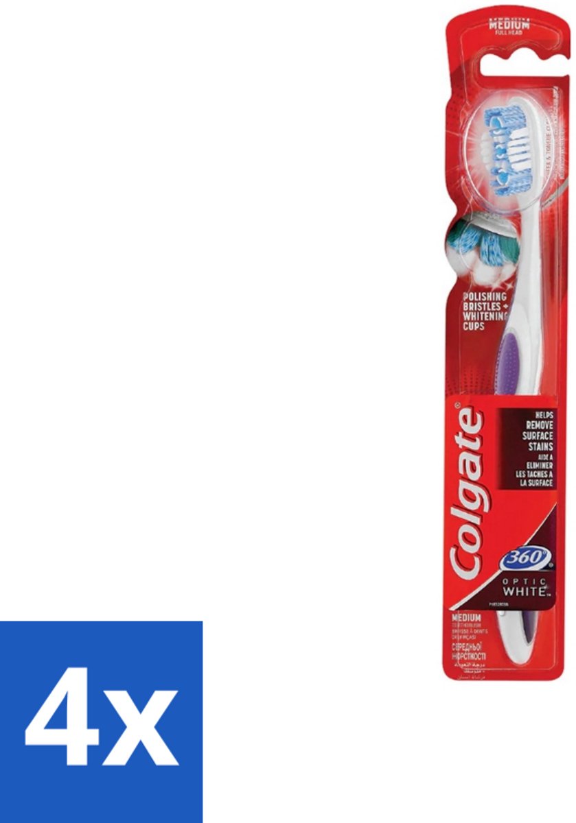 4 x Colgate - Tandenborstel - 360 Optic White Medium- Wit - 1 Tandenborstel - Tandenborstel - Wittere Tanden - Mondverzorging - Tanden Reinigen - Tong Reinigen