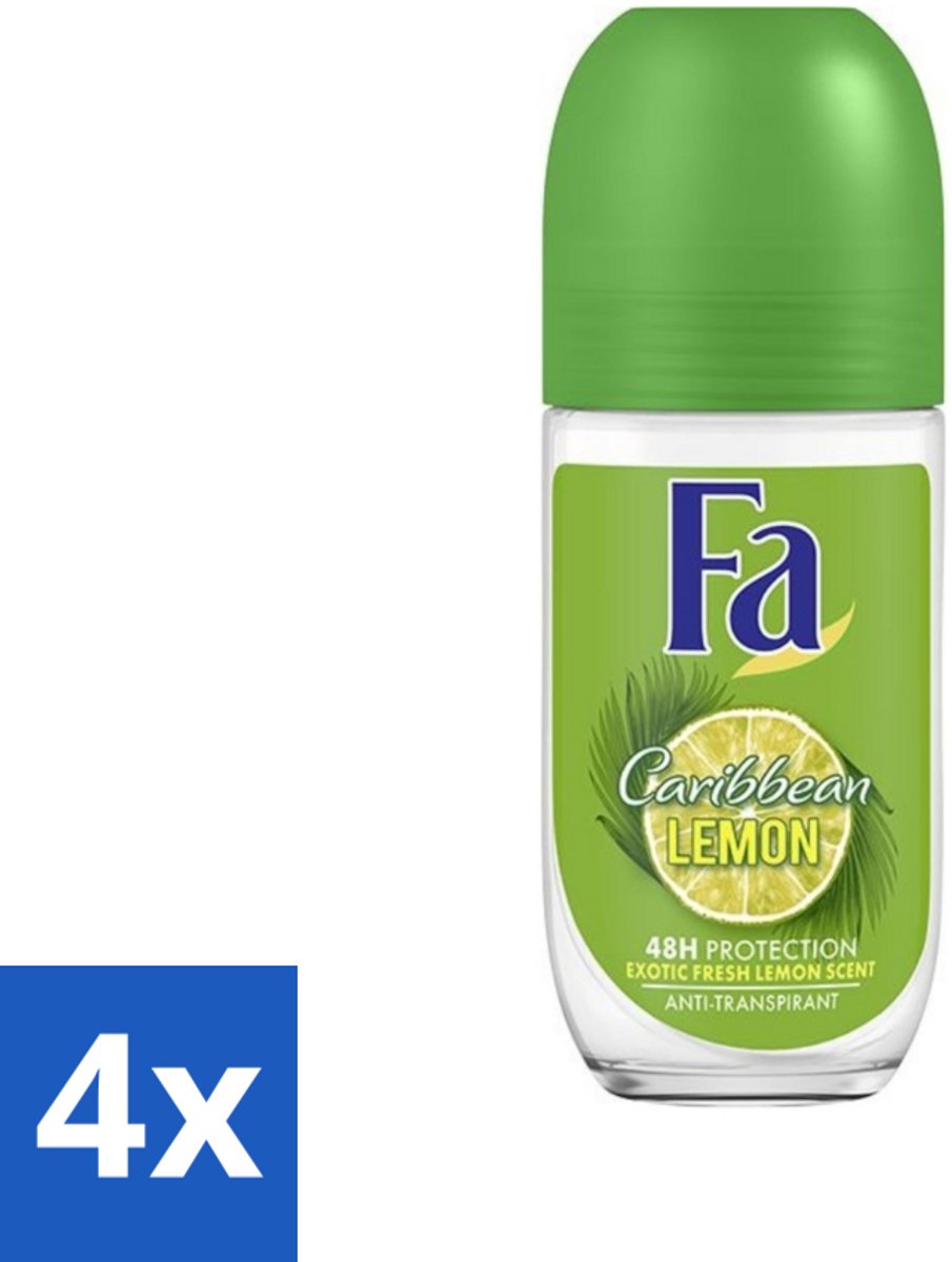 4 x Fa - Deodorant Roller - Caribbean Lemon - Verfrissend - 48 uur Bescherming - Citrusachtig - 50 ml - 48 Uur Bescherming - Caribische Citroen - Deodorant Roll-on - Citrusgeur - Fris