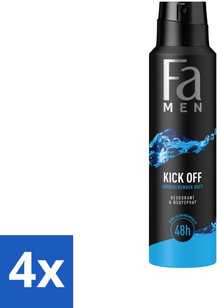 4 x Fa Men - Deodorant Lichaamsspray - Kick-Off - Verfrissend - 48 uur Bescherming - 150 ml - Deodorant Spray - 48 Uur Bescherming - Aluminiumvrije Deodorant - Verfrissend Deodorant - Huidvriendelijk Deodorant