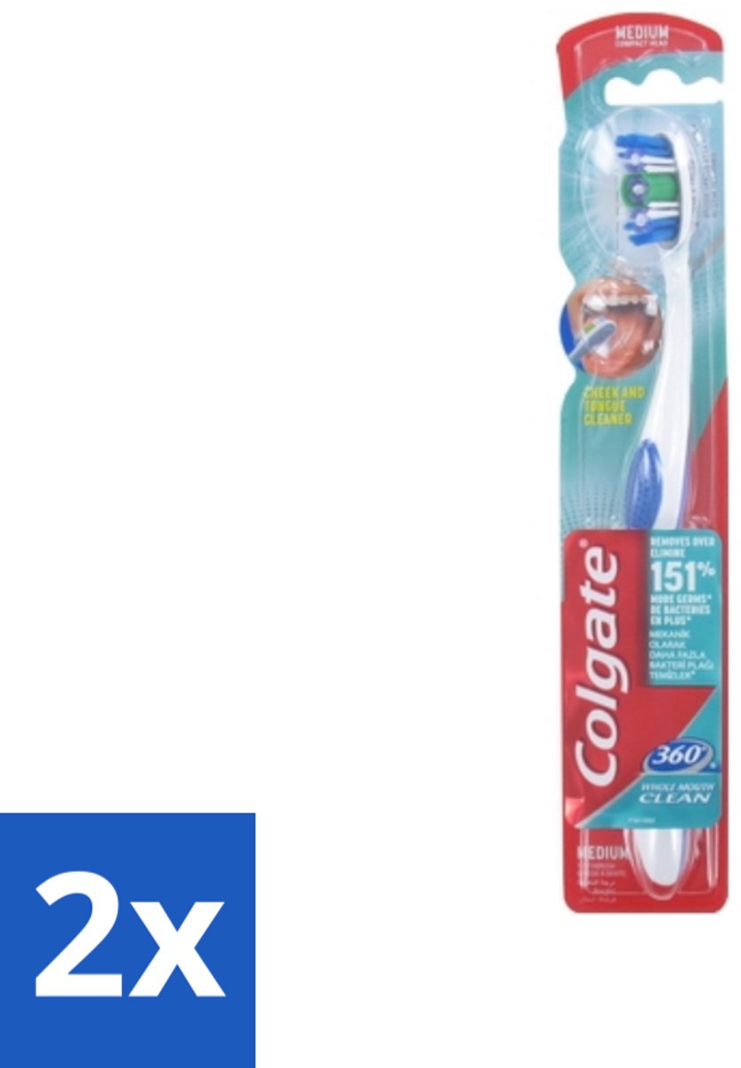 2 x Colgate - Tandenborstel - 360 Whole Mouth Clean Medium - Wit/Blauw - 1 Tandenborstel - Tandenborstel - Mondhygiëne - Tandenpoetsen - Bacteriën - Tandplak