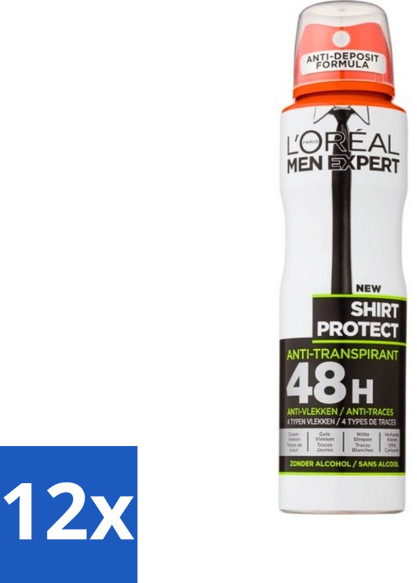 12 x L'Oréal Men Expert Shirt Protect - Deodorant - 150 ml - Deodorant Spray - Deodorant Spray - Anti-zweet - Anti-gele Vlek - Anti-witte Strepen - Kledingbescherming