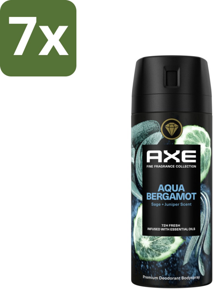 7 x Axe Deodorant Bodyspray Aqua Bergamot 150 ml - Axe Aqua Bergamot - Deodorant Bodyspray - 72 Uur Bescherming - Onweerstaanbare Geur - Premium Geur