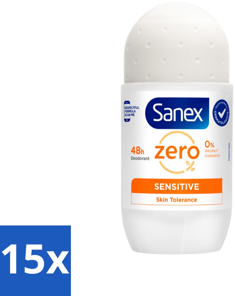 15 x Sanex Deodorant Roller Zero% Sensitive Skin 50 ml - Sanex Deodorant Zero% Sensitive - Alcoholvrije Deodorant - Parabenenvrije Deodorant - Gevoelige Huid - Deodorant Voor Mannen En Vrouwen