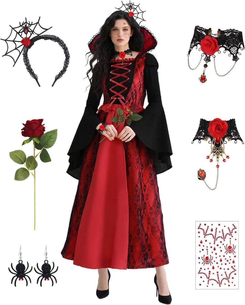 Vampier Kostuum voor Dames met Jurk, Ketting en Vampiertanden voor Halloween en Carnavalsfeest, Perfect voor Cosplay en Gothic Thema's