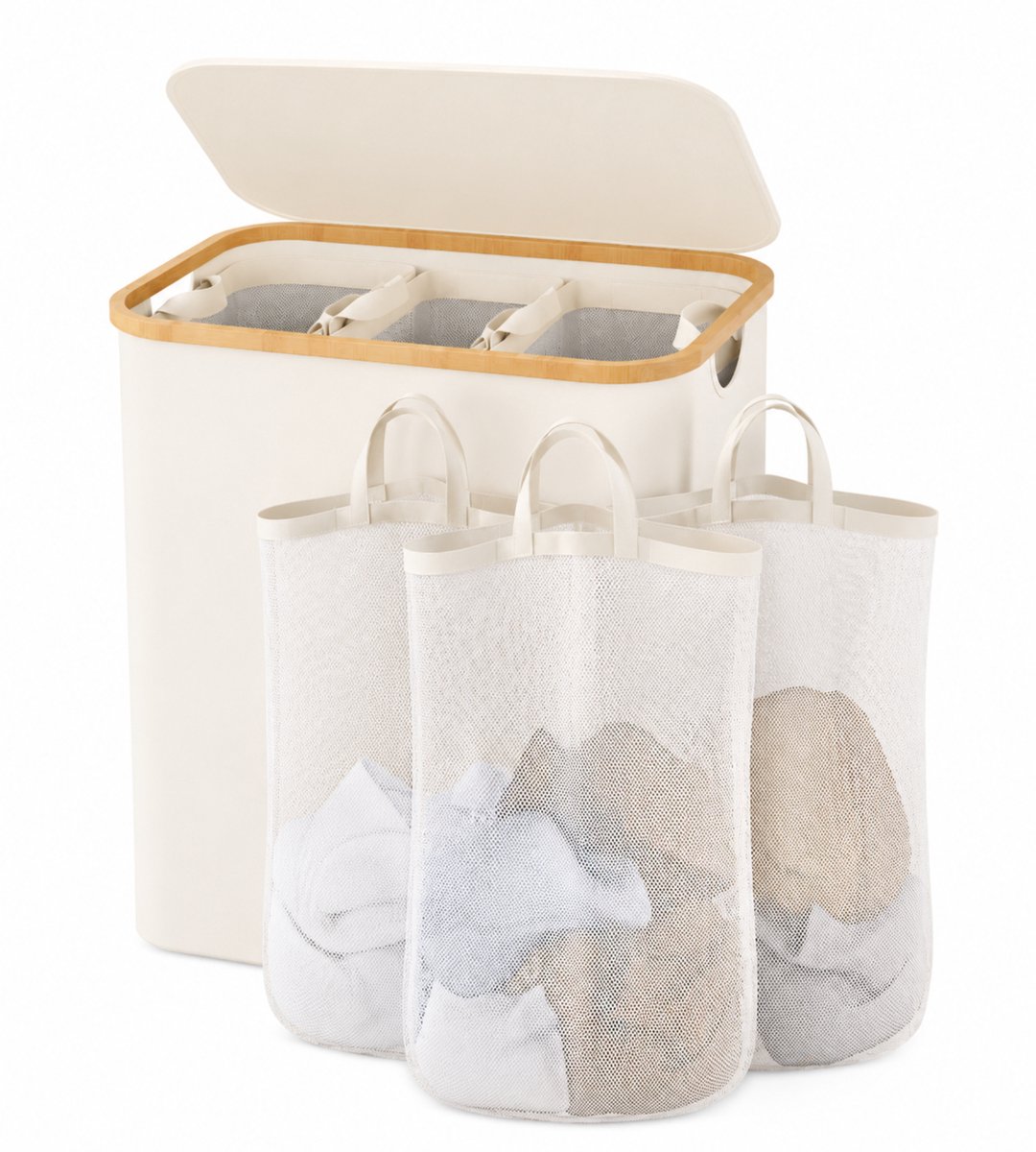 Noventra - Wasmand met 3 Vakken – Wasmand met Deksel – Wasgoed Sorteren – Wasmand met Handvatten – Grote Wasmand – Wasmand Badkamer