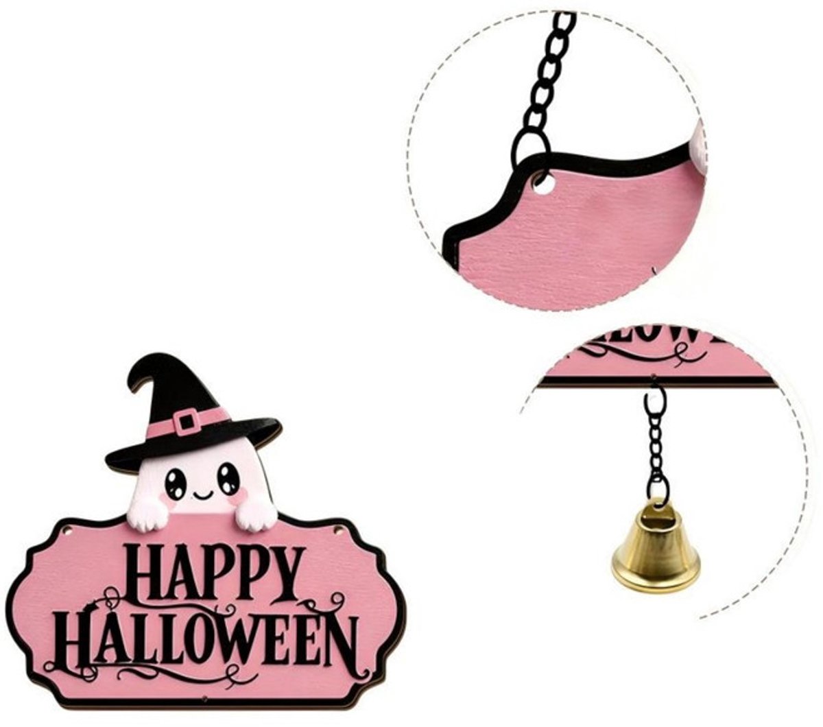 Halloween-deurbord – 20 × 17,6 cm – Decoratief hangbord – Houten Halloween-deurbord - Deurhanger met belletje – Halloween-deurdecoratie – Decoratief ornament – ​​Geschikt voor Halloween-feestdecoratie, voordeuren, terrassen, enz.