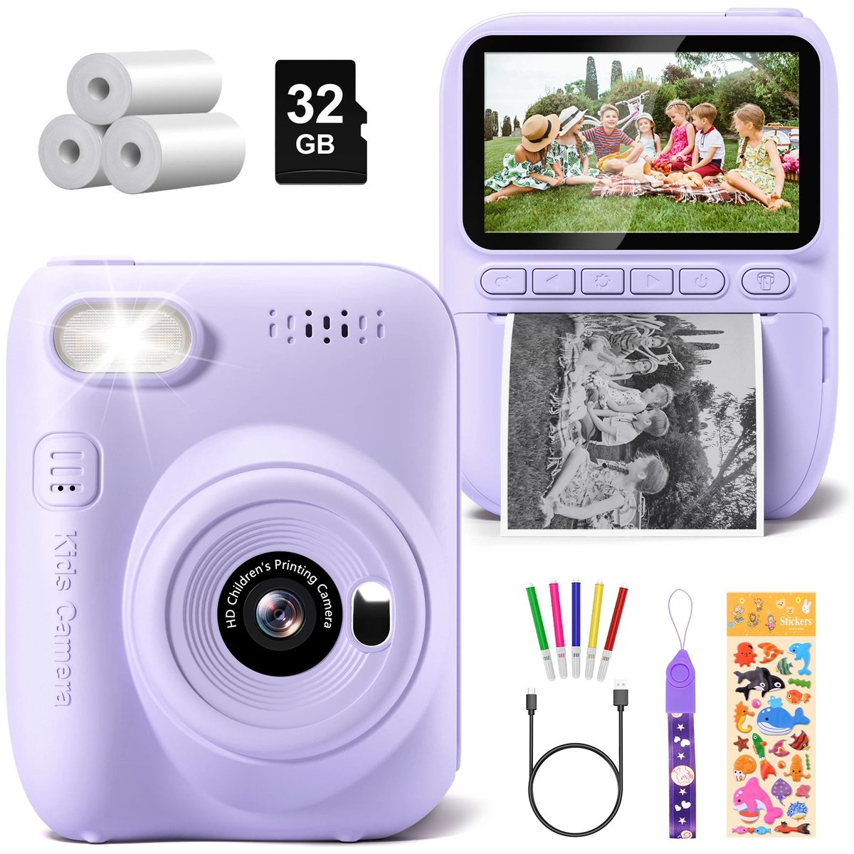 Veya Lila Kindercamera met fotoprinter – Origineel cadeau – videofunctie - 32GB micro sd kaart - 5 rollen printpapier – LCD-scherm
