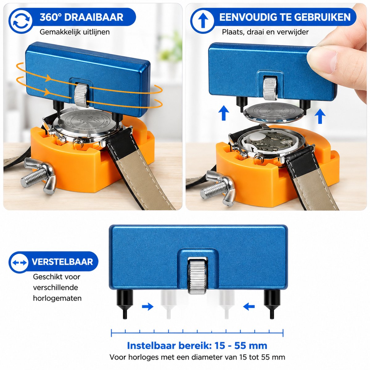 Tolvia Horlogekast Opener Set - Verstelbare Horloge Achterdeksel Opener met Horlogehouder - Gereedschap voor Batterij Vervangen & Reparatie - Oranje