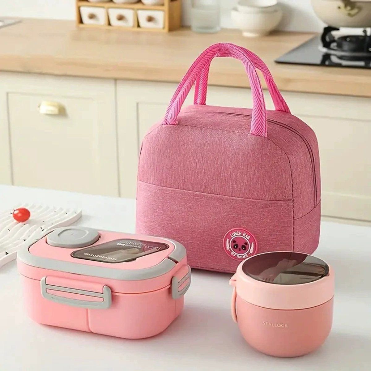 casalora - Lunchbox Set 1200+600ml - Yoghurt en Muesli beker to go - broodtrommel met sausbox ‌en bestek‌ - Lunchpot met Isolerende Draagtas -Bento box voor volwassenen en kinderen‌ - Voor Werk, School, Picnic - Roze