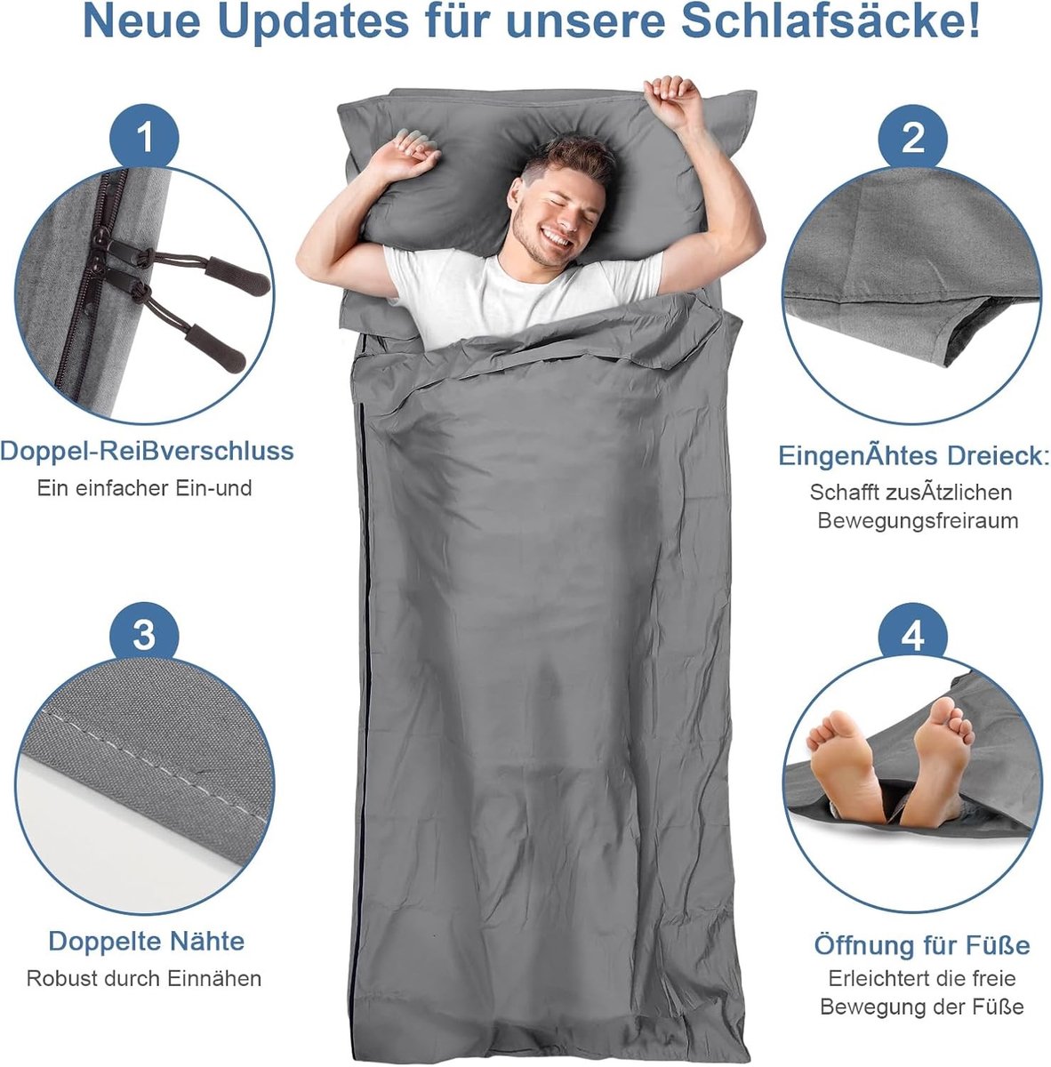 Lakenzak 2 Persoons - Donkergrijs - 220 x 95 cm - 2-in-1 Met Voetritssluiting - Voor Backpacking en Kamperen