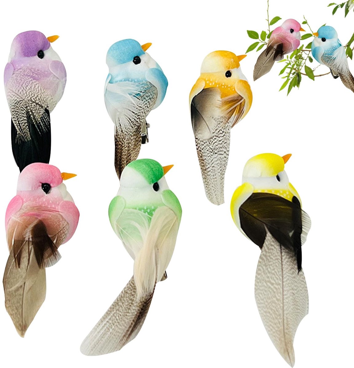 Solidchoice - Set van 6 Decoratieve Kunstvogels met Clip