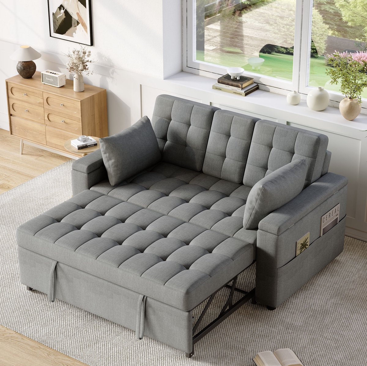 Wishdor 2-zits slaapbank - Verstelbare rugleuning en opbergruimte - Met 2 kussens en uitschuifbaar bed - Scandinavisch - Woonkamer slaapkamer - Katoen linnen - Grijs - 159 x 142,5 x 92 cm
