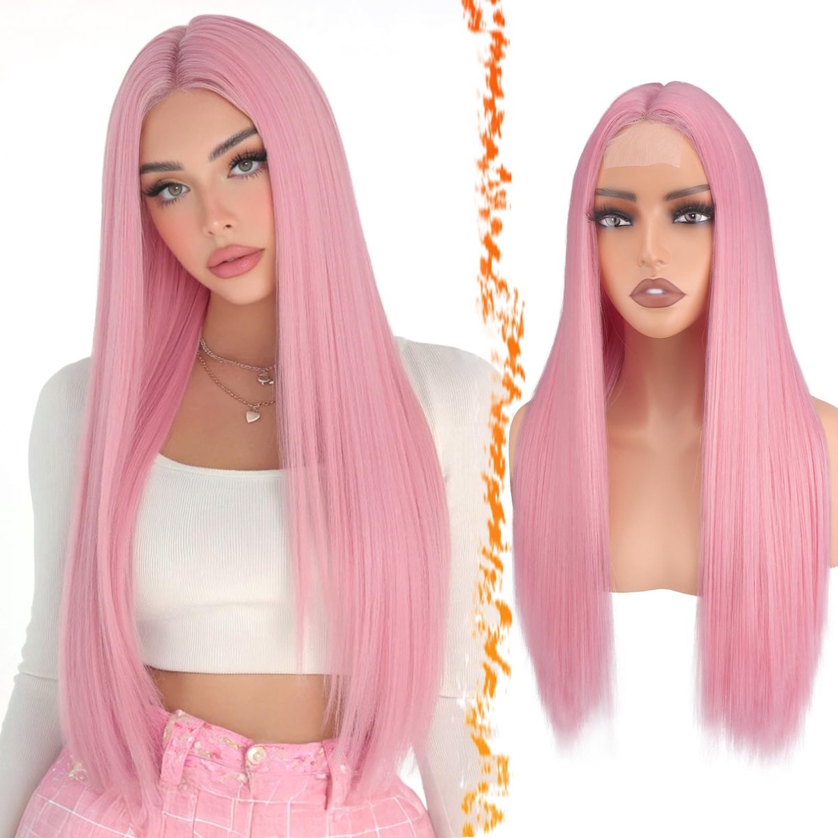 Elzusha - Lange Rechte Roze Wig van Synthetisch Haar, 71 cm