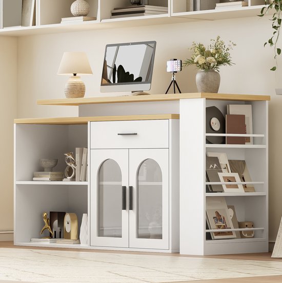 OKWISH Keuken Eiland - 360° Draaibare Tafelplaat - Opbergruimte Met Lade En Planken - Voor Keuken En Kleine Ruimtes - MDF Wit van okwish — afbeelding 2