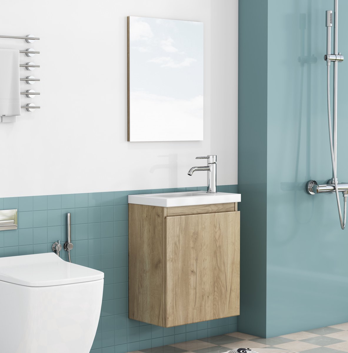 COVREO Badkamer wastafelmeubel 39,8x24,8x48 cm Oak - MDF - wandmontage - keramische wastafel en spiegel