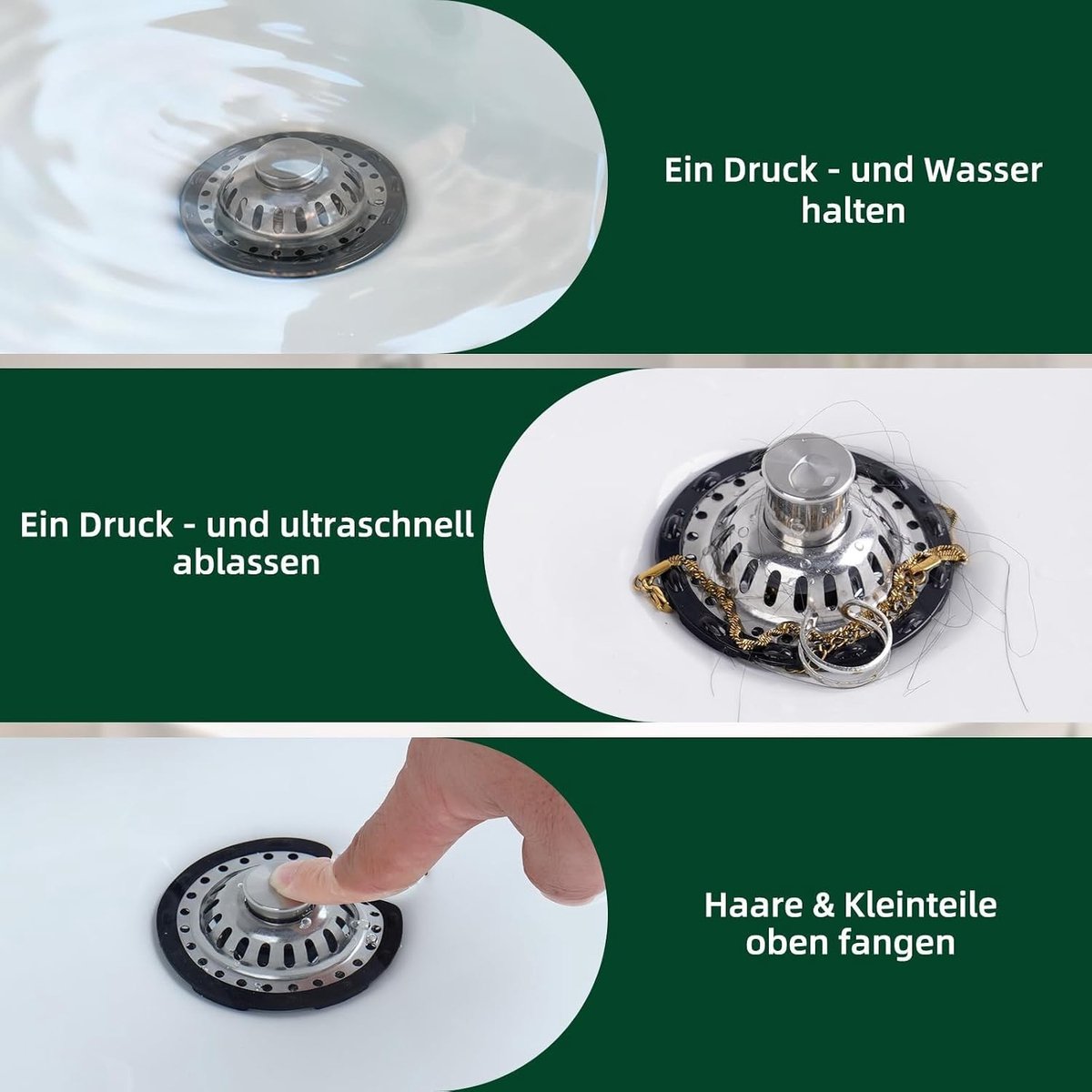 3-in-1 Afvoerstopper van RVS voor 25-46mm Afvoeropeningen, Pop-Up Afvoerzeef met Verwijderbare Filtermand, Haarvanger en Messing Kern
