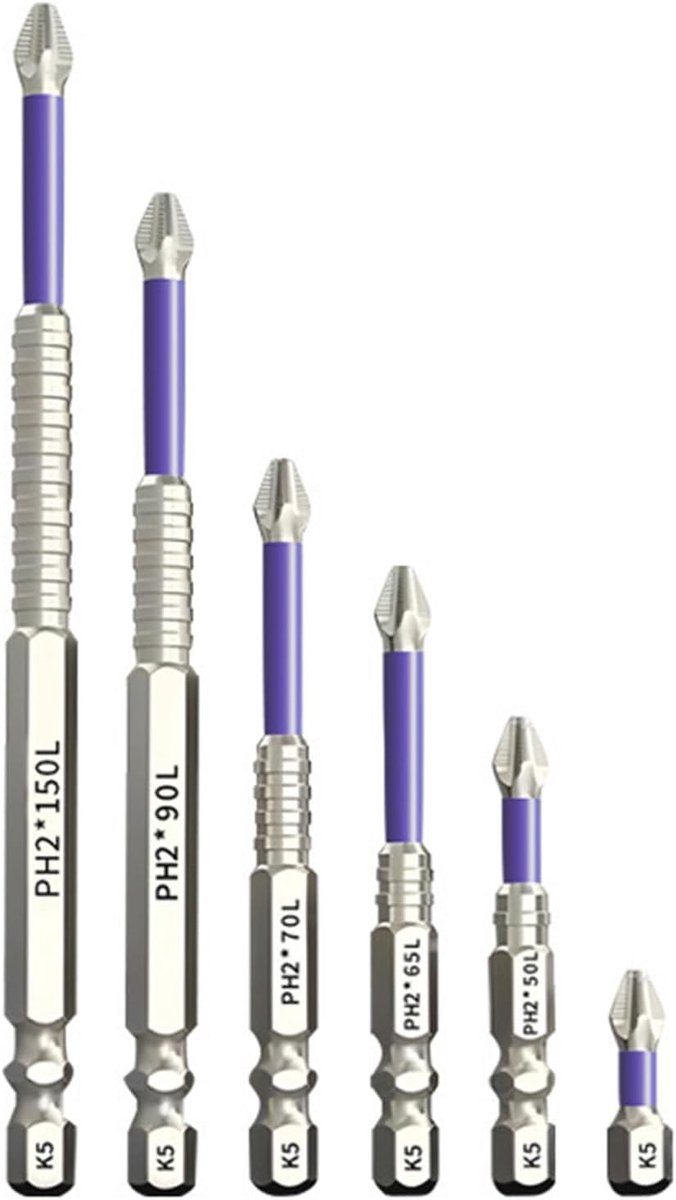 Set van 6 Impactbestendige en Antislip Bits, 25/50/65/70/90/150 mm, Sterke Magnetische Phillips Schroevendraaier voor Elektrische Gereedschappen, Hoge Koppel en Duurzaamheid