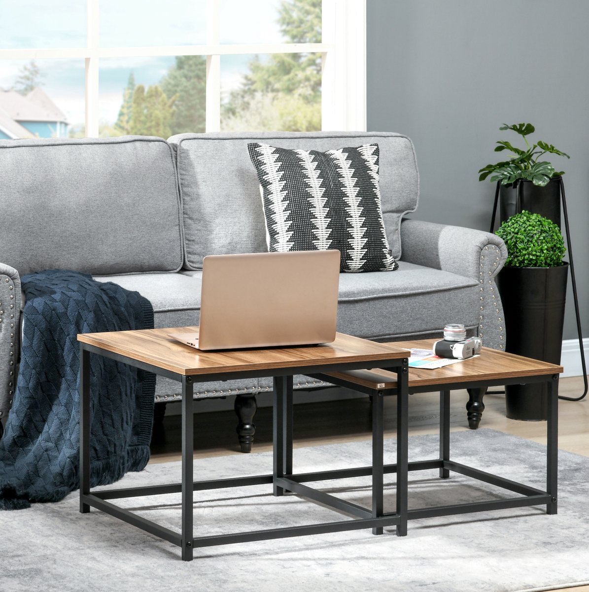 Stijlvolle Salontafel Set Van 2 - Houtlook Blad Met Zwart Stalen Frame - Industrieel Design Voor Woonkamer - Natural Wood - 60x60x45 Cm