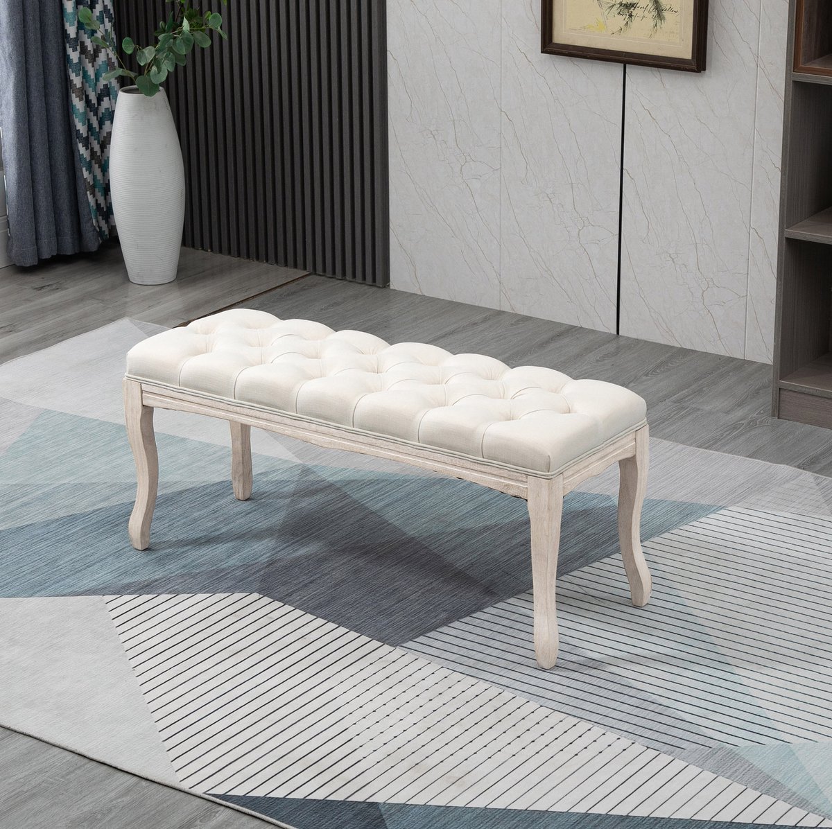 REDOM - Bank - Gecapitonneerde zitting - Met opbergruimte - Gebogen houten poten - Retro stijl - Slaapkamer en woonkamer - Linnen en hout - Beige - 110 x 40 x 48 cm
