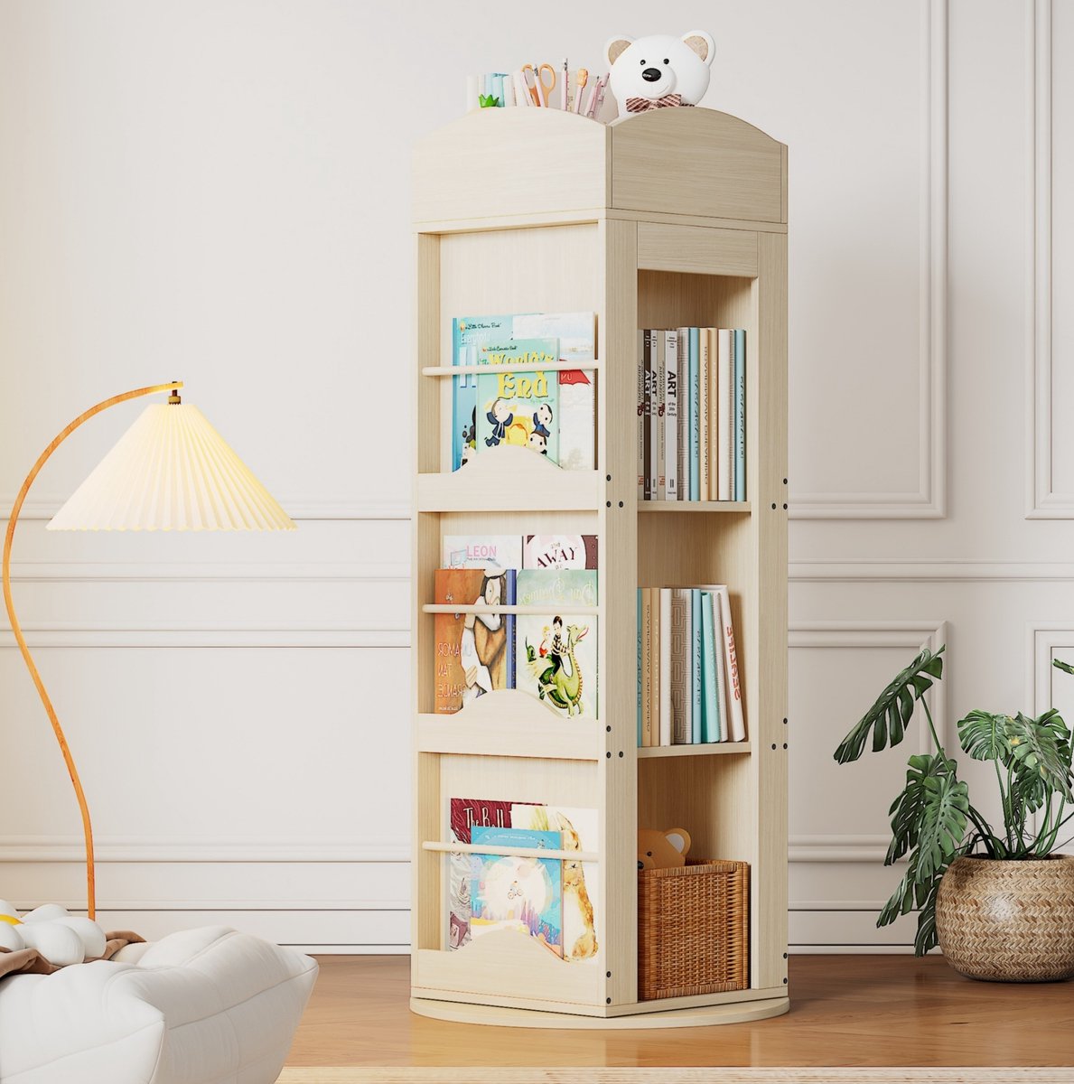 Wishdor Draaibare boekenkast - 360° draaibaar - 4 planken open kast - Scandinavisch - Kinderen woonkamer kantoor - MDF - Natural - 142 x 63 x 63 cm