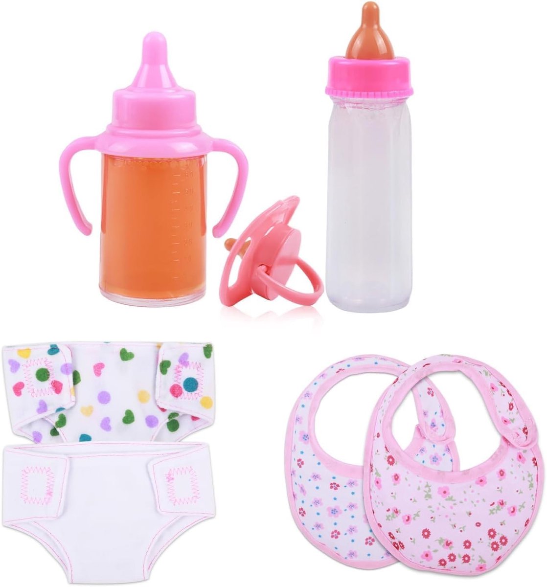 7-delige set met flesjes en luiers voor poppen, inclusief fopspeen en slabbetje, perfect cadeau voor kinderen met een liefde voor poppen en accessoires