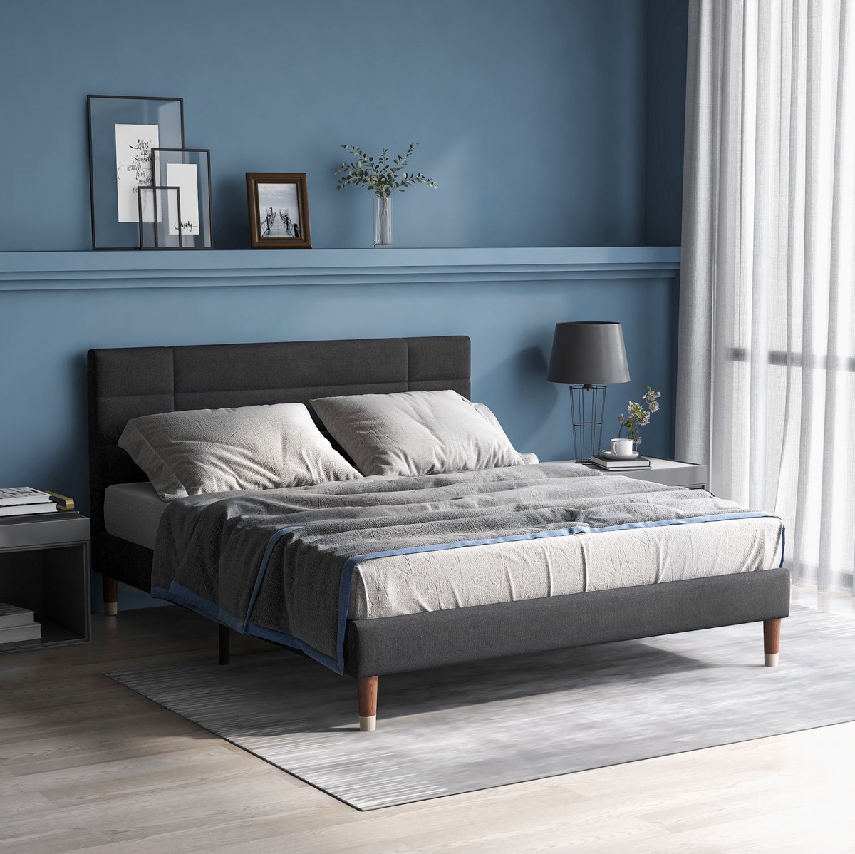 Wishdor Tweepersoonsbed 140x200 cm - Soft polsterbed met hoofdeinde en lattenbodem - Modern ontwerp - Slaapkamer volwassenen - Grijs - 209 x 141 x 101 cm