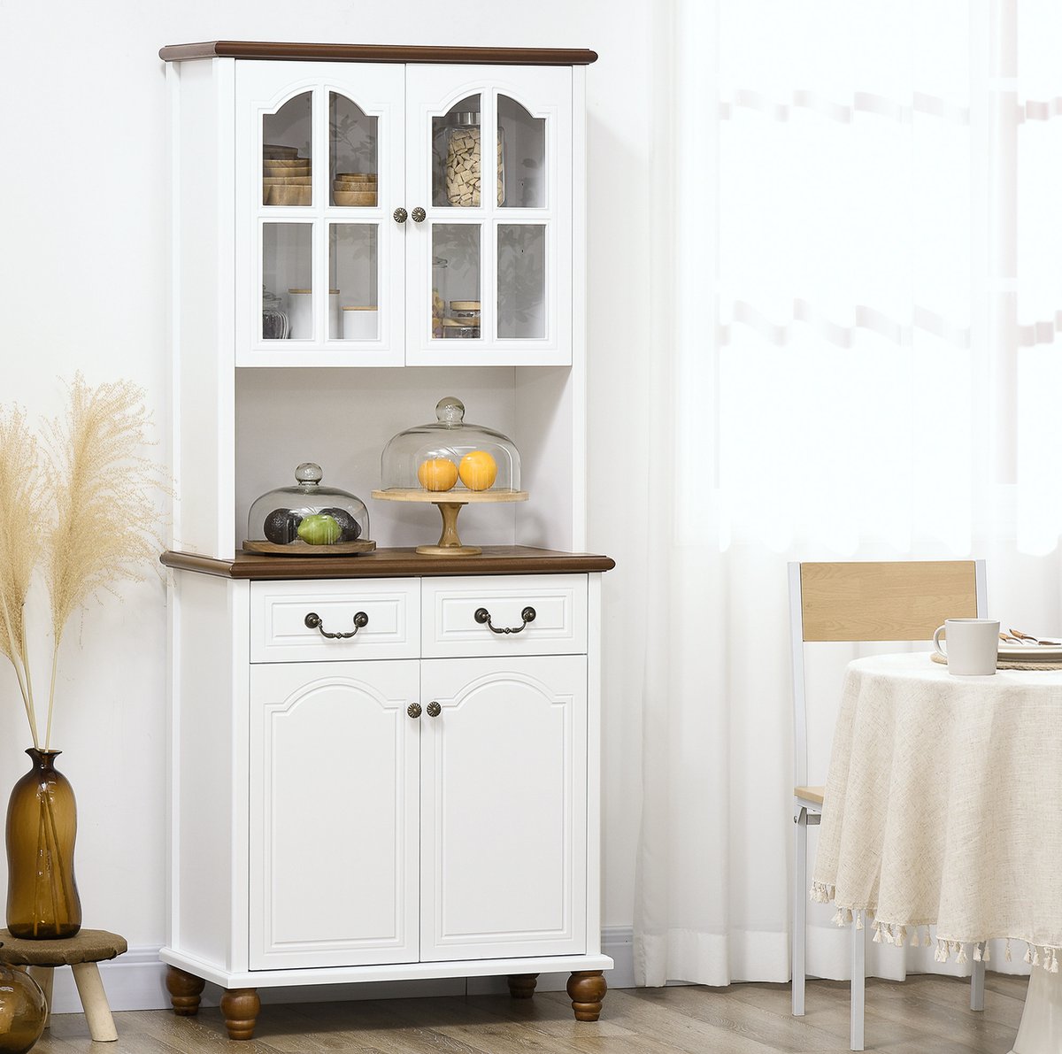 OKWISH Keukenkast - Hoog Buffetkast Met 2 Lades En Open Vak - Voor Woonkamer Keuken En Eetkamer - MDF Wit - 76 x 38 x 182 cm
